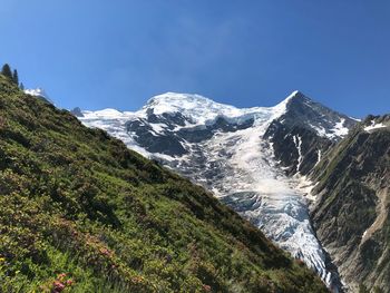 Scenic view of snowcapped mountains against clear blue sky