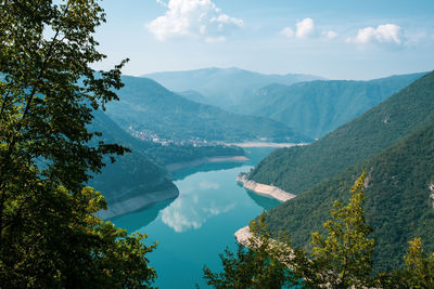 Scenic view of lake and mountains against sky