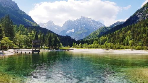 Scenic view of lake and mountains against sky