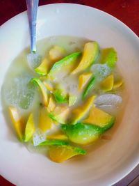 High angle view of soup in bowl