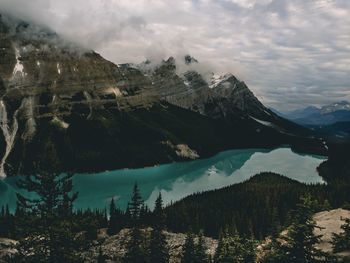 Scenic view of mountains against sky during winter