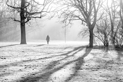 Rear view of man walking on snow covered land