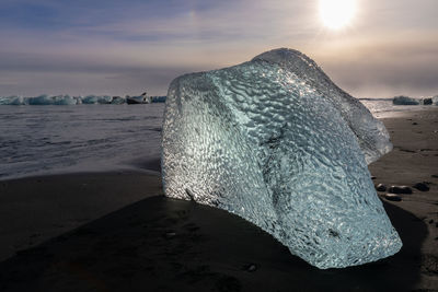 Scenic view of frozen sea against sky during sunset