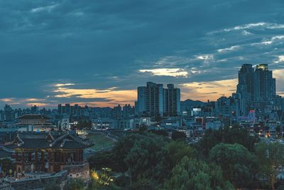 High angle view of buildings against sky at sunset