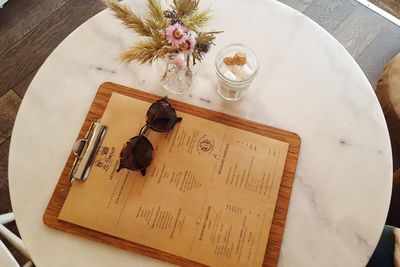 High angle view of flower in plate on table