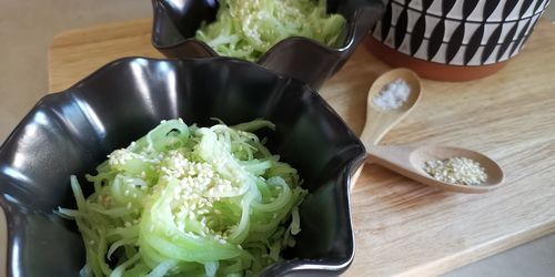 High angle view of chopped vegetables on table