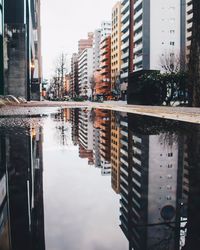 Reflection of buildings on puddle at street