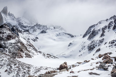 Scenic view of snow covered mountains against sky