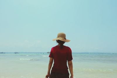 Rear view of woman standing on beach