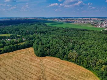 High angle view of agricultural field against sky