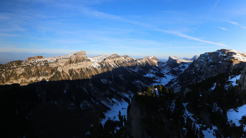 Scenic view of mountains against cloudy sky