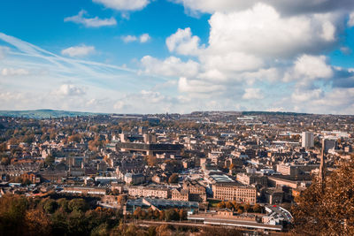 High angle shot of townscape against sky