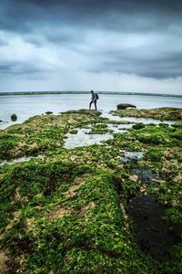 Man walking at beach against cloudy sky