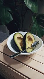 High angle view of fruits in plate on table