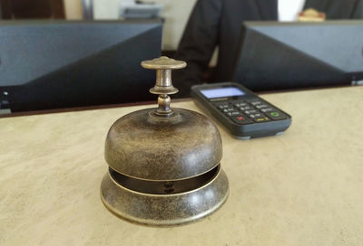 High angle view of camera on table at home