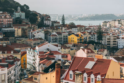 High angle view of houses in town against sky