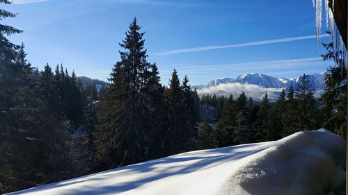 Scenic view of snow covered mountains against sky