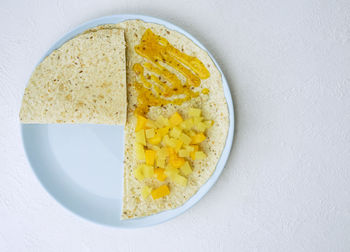 High angle view of breakfast on table