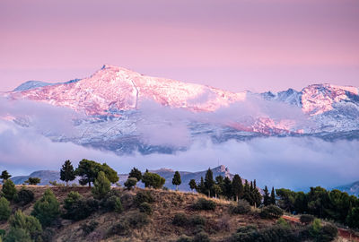 Scenic view of snowcapped mountains against sky