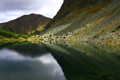 Scenic view of lake and mountains against sky