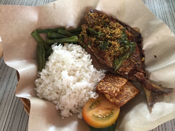 High angle view of food served on table