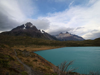 Scenic view of lake and mountains against sky