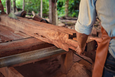Low section of man standing on wood