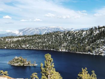 Scenic view of lake by trees against sky