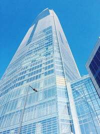 Low angle view of modern building against clear blue sky