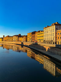 Reflection of buildings in river against clear blue sky