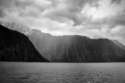 Scenic view of lake by mountains against sky