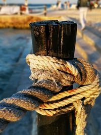 Close-up of rope tied on wooden post