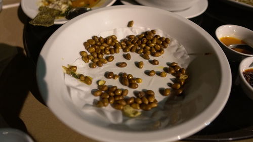 High angle view of food in bowl on table