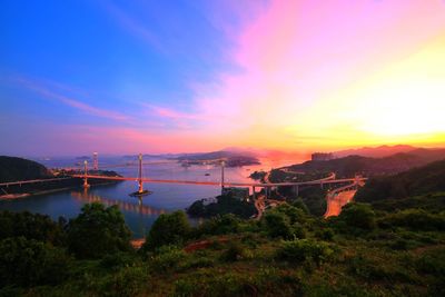 High angle view of suspension bridge over river