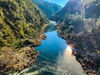 High angle view of river amidst trees and mountains