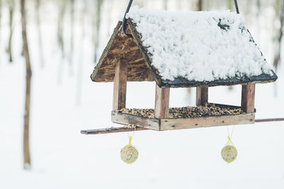 Birdhouse and bird feeder in winter park