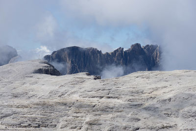 Smoke emitting from volcanic mountain against sky
