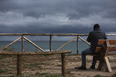 Rear view of man sitting on bench