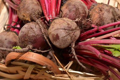 Close-up of red chili peppers in basket