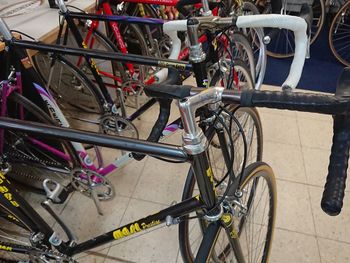 High angle view of bicycles parked in parking lot