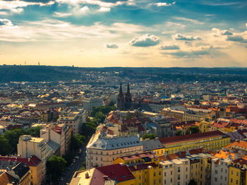 Aerial view of namesti miru in prague under hot day of summer and beautiful sky