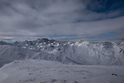 Scenic view of snow covered mountains against sky