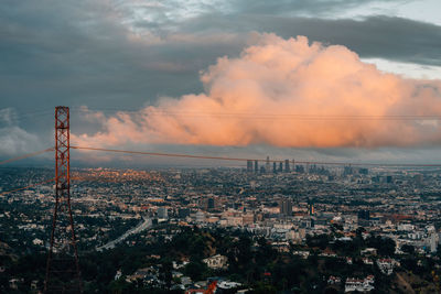 High angle view of buildings in city against sky