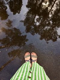 Woman legs, green striped dress, a puddle with reflected pine trees