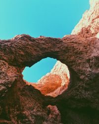 Low angle view of rock formation against clear blue sky