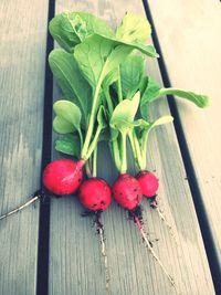 High angle view of strawberries on table