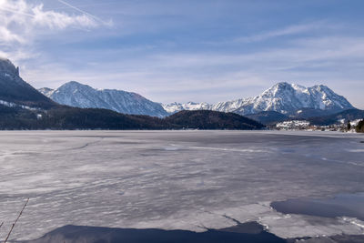 Scenic view of lake by snowcapped mountains against sky