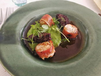 High angle view of salad in bowl on table