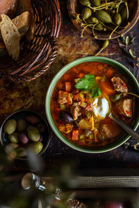 High angle view of soup in bowl on table