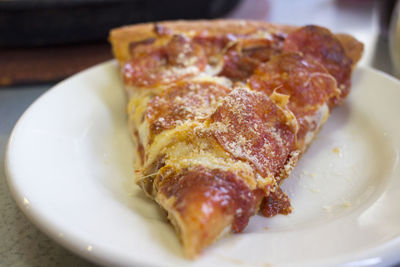 Close-up of pizza slice in plate on table